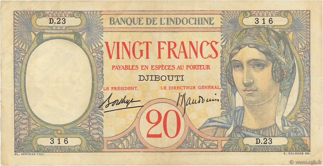 20 Francs DJIBOUTI  1936 P.07A VF