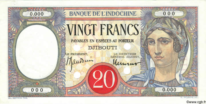 20 Francs Spécimen DJIBUTI  1947 P.07Bs SPL+