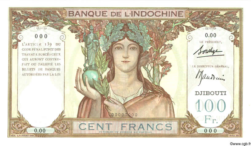 100 Francs Spécimen DJIBOUTI  1931 P.08s NEUF