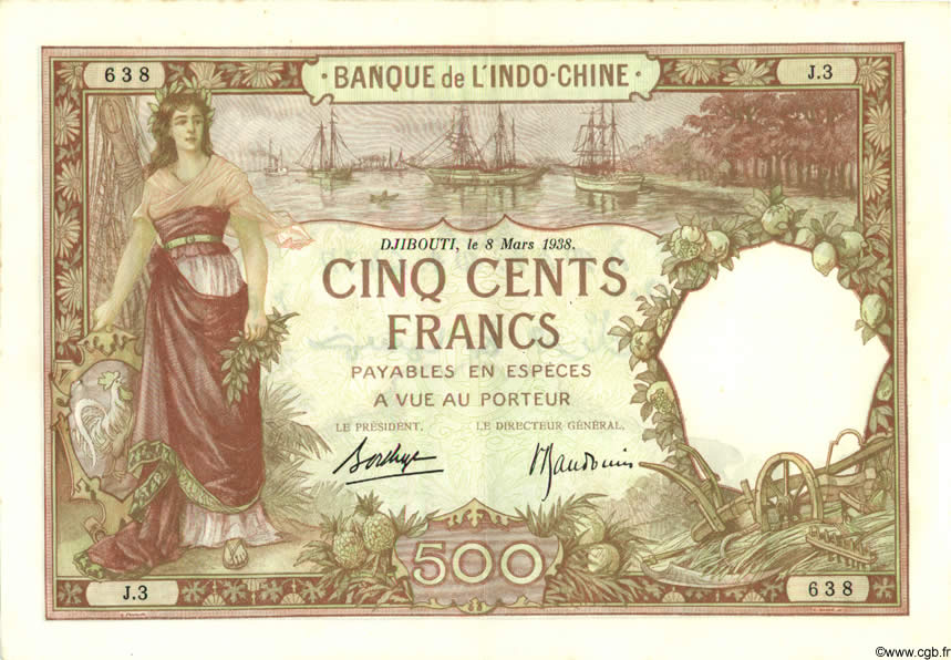 500 Francs DJIBOUTI  1938 P.09b SUP