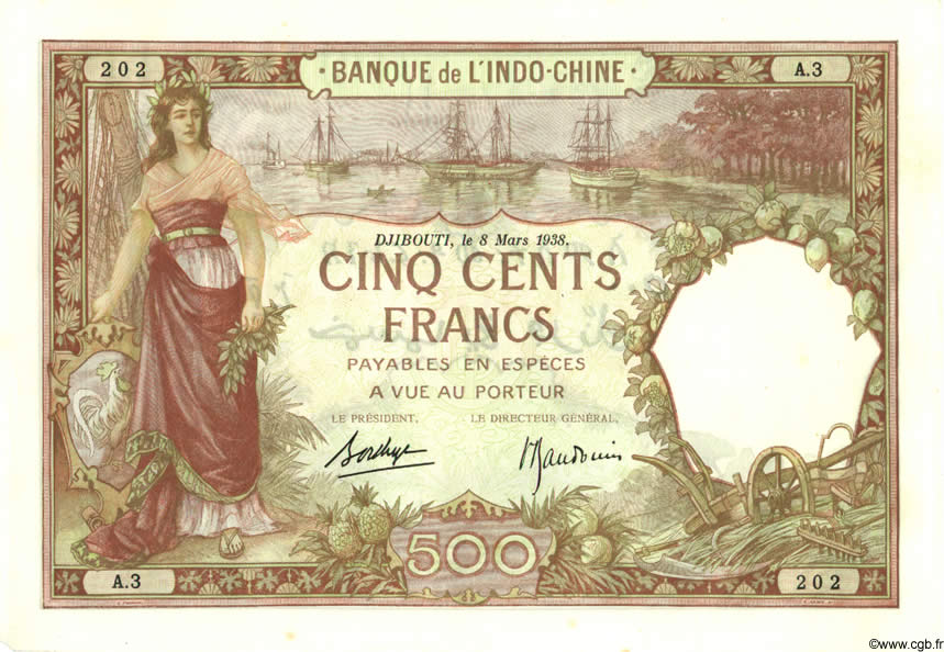 500 Francs DJIBUTI  1938 P.09b AU