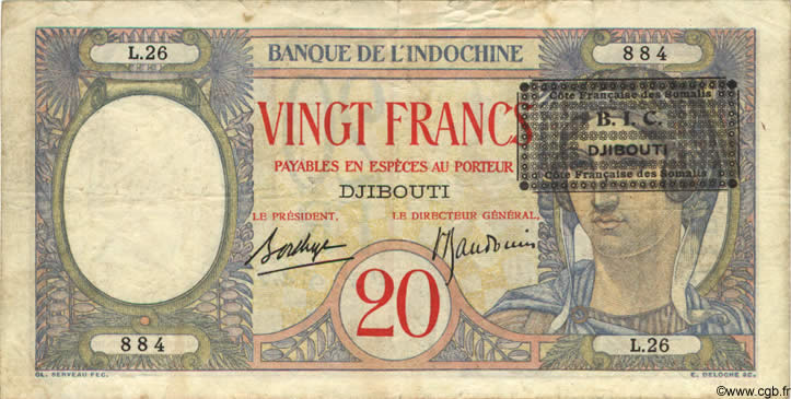 20 Francs DJIBOUTI  1943 P.12A TTB+ à SUP