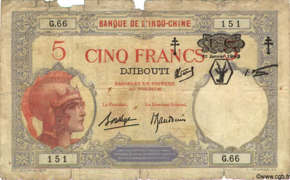 5 Francs DJIBUTI  1943 P.11 q.B
