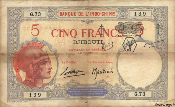 5 Francs DJIBOUTI  1943 P.11 TB