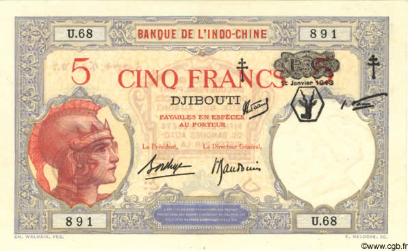 5 Francs DJIBOUTI  1943 P.11 XF+