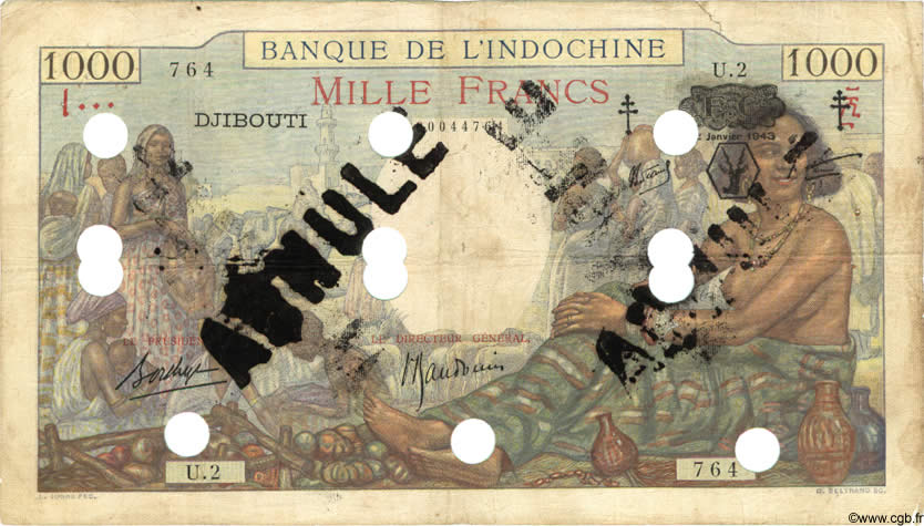 1000 Francs Spécimen DJIBUTI  1943 P.13Ds MB