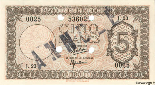 5 Francs Palestine Spécimen DJIBOUTI  1945 P.14s pr.NEUF
