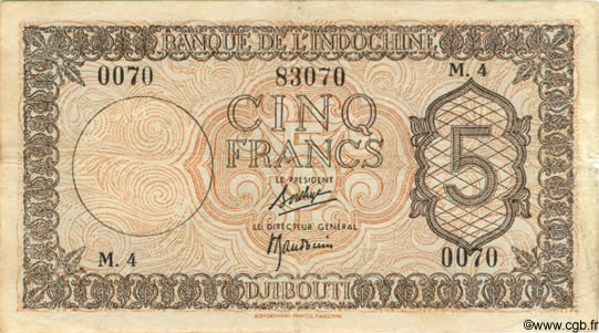 5 Francs Palestine DJIBUTI  1945 P.14 MB