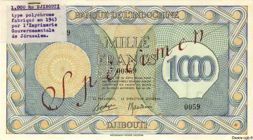 1000 Francs Palestine Spécimen DSCHIBUTI   1945 P.18s fST