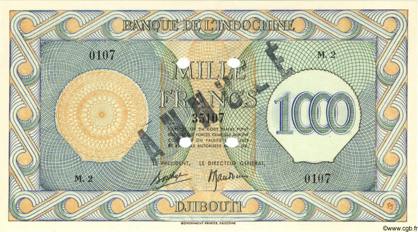 1000 Francs Palestine Spécimen DJIBOUTI  1945 P.18s AU