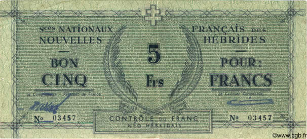5 Francs NEUE HEBRIDEN  1943 P.01 fVZ