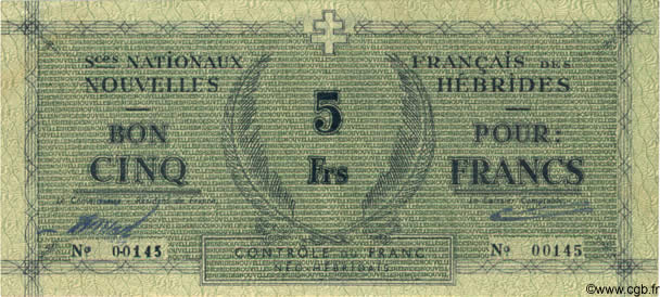 5 Francs NOUVELLES HÉBRIDES  1943 P.01 SUP+