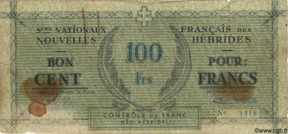100 Francs NOUVELLES HÉBRIDES  1943 P.03 B+