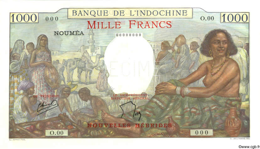 1000 Francs Spécimen NOUVELLES HÉBRIDES  1945 P.15s NEUF