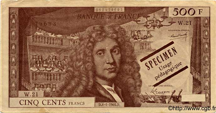 500 Francs MOLIÈRE Spécimen FRANCE regionalism and miscellaneous  1965  AU