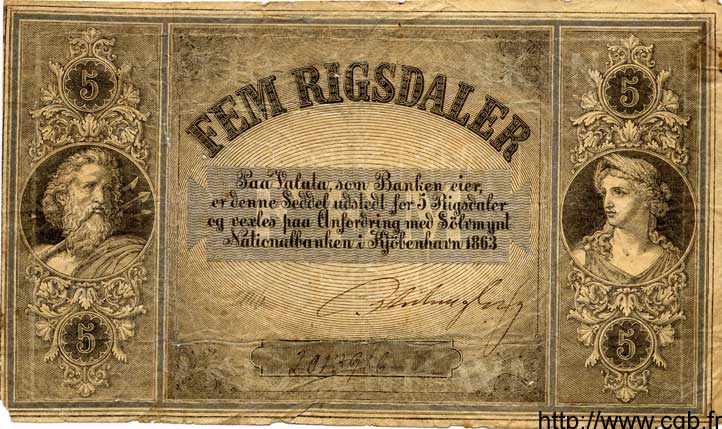 5 Rigsdaler DINAMARCA  1863 P.A62 BC+