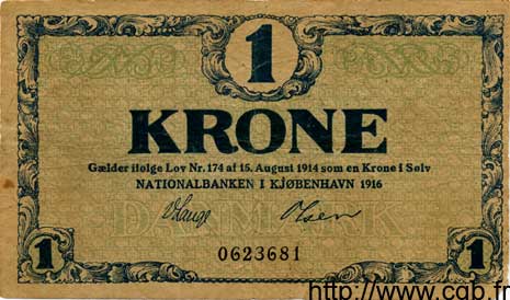 1 Krone DINAMARCA  1916 P.012a MBC