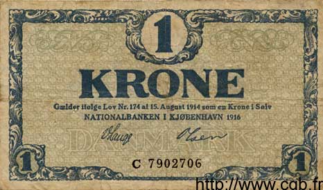 1 Krone DÄNEMARK  1916 P.012b S to SS