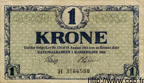 1 Krone DINAMARCA  1918 P.012d MB a BB