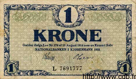 1 Krone DÄNEMARK  1918 P.012d S to SS