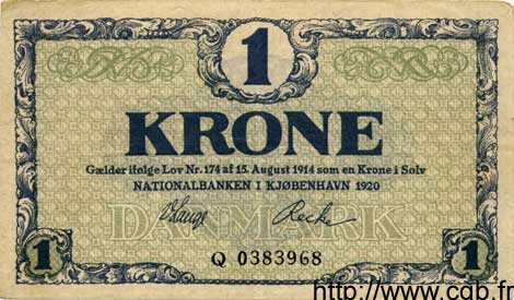 1 Krone DANEMARK  1920 P.012e TTB+