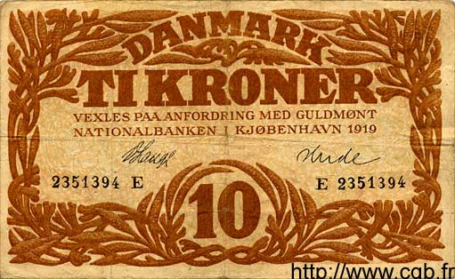 10 Kroner DANEMARK  1919 P.021h TB