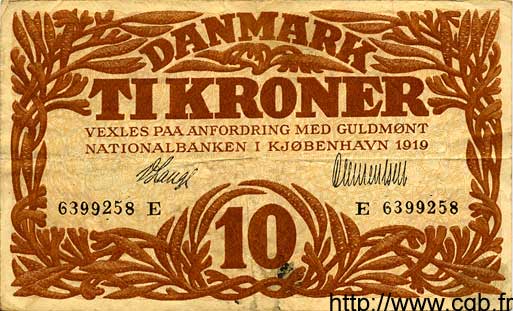 10 Kroner DENMARK  1919 P.021h VF