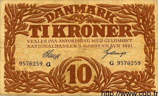 10 Kroner DENMARK  1921 P.021l F+