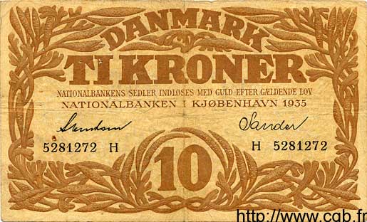 10 Kroner DANEMARK  1935 P.026l TB+