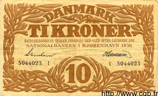 10 Kroner DINAMARCA  1936 P.026n BB