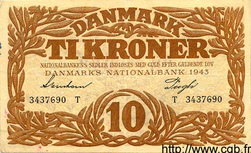 10 Kroner DINAMARCA  1943 P.031 BB