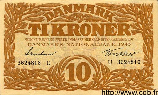 10 Kroner DÄNEMARK  1943 P.031o VZ