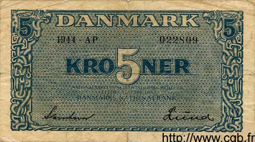 5 Kroner DANEMARK  1944 P.035a TB