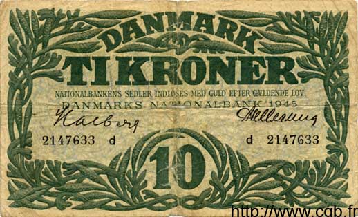 10 Kroner DANEMARK  1945 P.037c TB