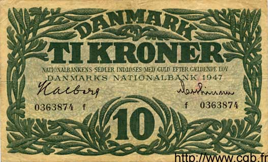 10 Kroner DÄNEMARK  1947 P.037b SS