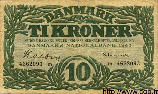 10 Kroner DENMARK  1948 P.037b F+