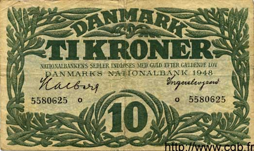 10 Kroner DINAMARCA  1948 P.037b MB