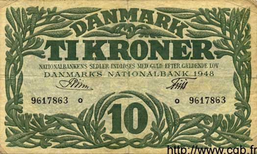 10 Kroner DENMARK  1948 P.037b VF