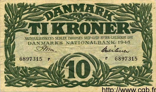 10 Kroner DÄNEMARK  1948 P.037b SS