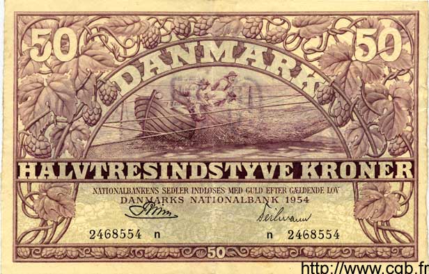 50 Kroner DÄNEMARK  1954 P.038k fVZ to VZ