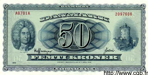 50 Kroner DINAMARCA  1970 P.045b AU