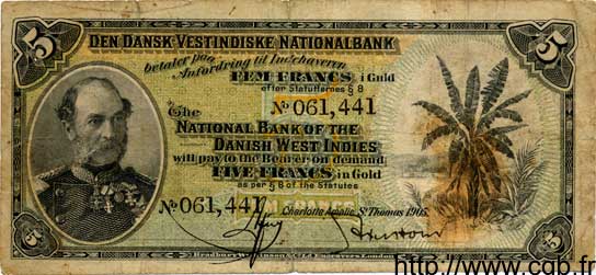 5 Francs DANISH WEST INDIES (VIRGIN ISLANDS)  1905 P.017 VG