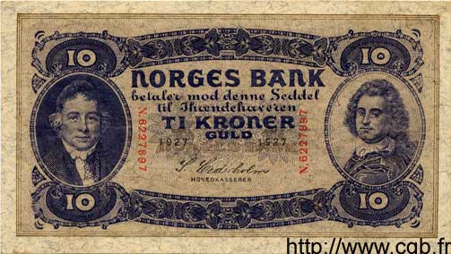 10 Kroner NORVÈGE  1927 P.08b VF+