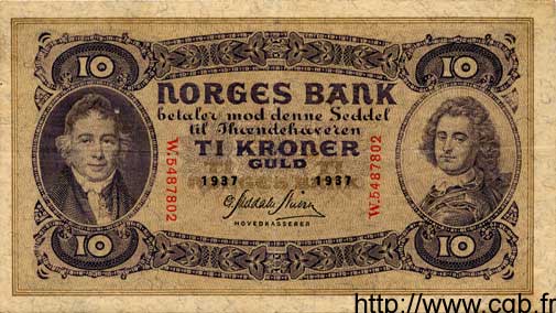 10 Kroner NORVÈGE  1937 P.08c TTB+