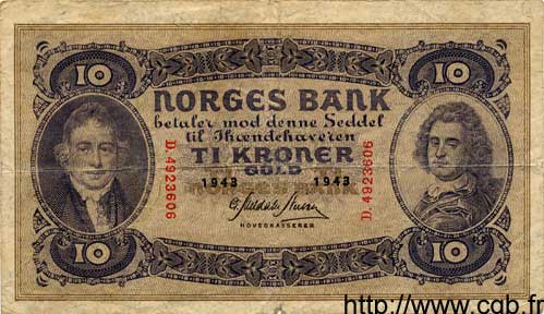 10 Kroner NORVÈGE  1943 P.08c TB
