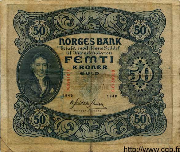 50 Kroner NORVÈGE  1940 P.09d S
