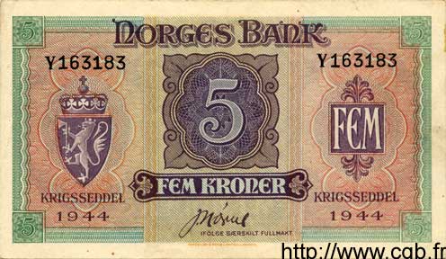 5 Kroner NORVÈGE  1944 P.19b fST