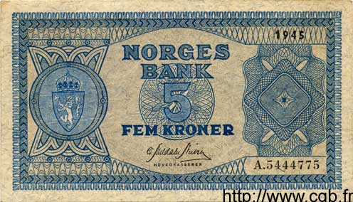 5 Kroner NORVÈGE  1944 P.25a TTB+
