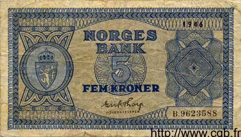 5 Kroner NORVÈGE  1946 P.25b TB