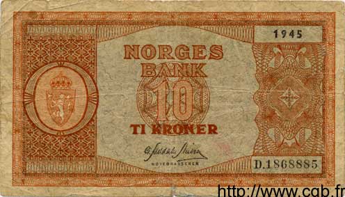 10 Kroner NORVÈGE  1945 P.26a TB